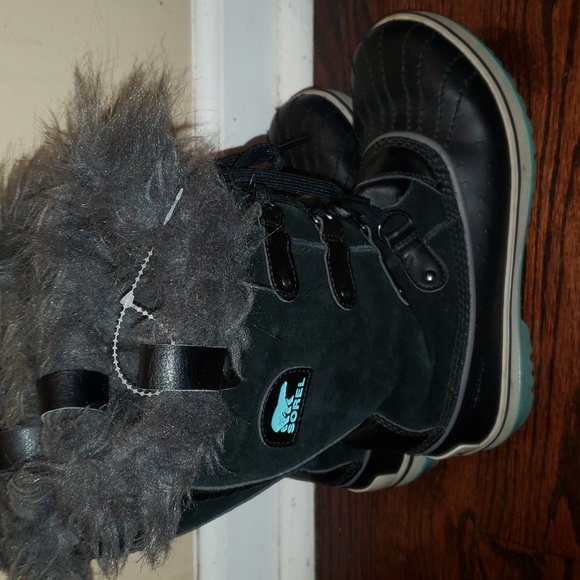 Sorel Tofino Boots Suede Leather fur Black blue gray 5 6.5 - Picture 5 of 8